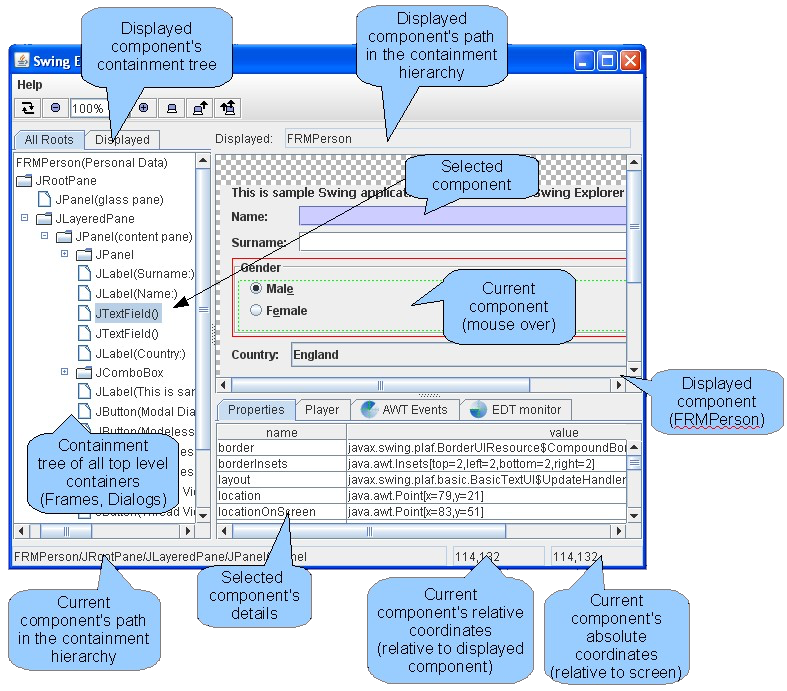 Swing Explorer GUI displayed with parts labeled